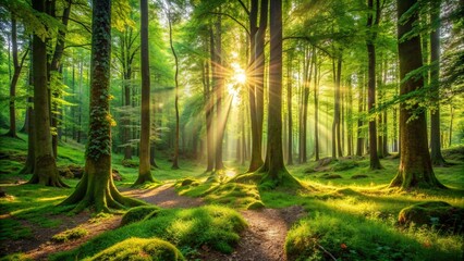 Obraz premium Generative ai. Sunlight filters through a lush, green forest with tall trees, casting rays and shadows on the moss-covered ground and winding pathways.
