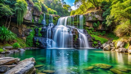 Generative ai. A picturesque waterfall cascading over multiple rock ledges into a clear, turquoise pool, surrounded by lush green foliage and trees under a bright blue sky.