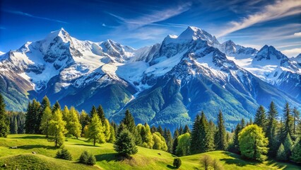 Generative ai. Majestic snow-capped mountains under a clear blue sky with scattered clouds tower over a lush green valley dotted with coniferous trees and grassy meadows. © Ali