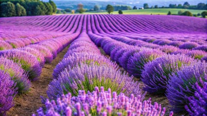 Generative ai. A vibrant lavender field with rows of blooming purple lavender plants stretching...