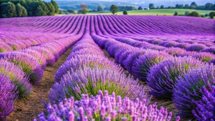 Obraz premium Generative ai. A vibrant lavender field with rows of blooming purple lavender plants stretching into the distance. The field is surrounded by green trees and rolling hills under a clear blue sky.