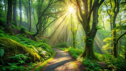 Obraz premium Generative ai. A sunlit forest with a winding path surrounded by lush green trees and ferns. Sun rays filter through the dense foliage, creating dappled light on the ground.