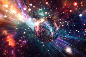 A colorful ball is floating in space with a bright blue and purple swirl