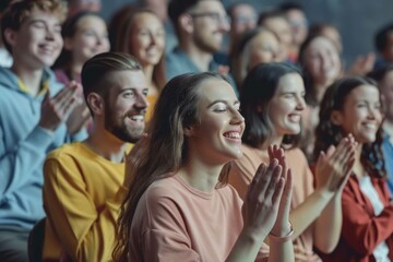 Obraz premium Applauding people. Happy satisfied audience joyfully applauding during business conference or seminar. Side view portrait of smiling men and women clapping their hands. Panoramic web banner.