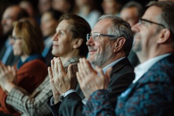 Fototapeta premium Applauding people. Happy satisfied audience joyfully applauding during business conference or seminar. Side view portrait of smiling men and women clapping their hands. Panoramic web banner.