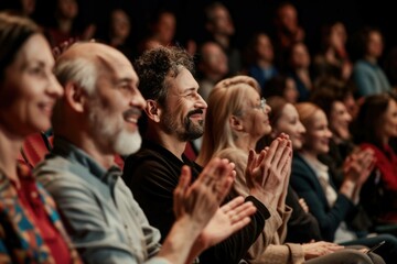 Fototapeta premium Applauding people. Happy satisfied audience joyfully applauding during business conference or seminar. Side view portrait of smiling men and women clapping their hands. Panoramic web banner.