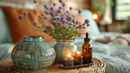 A table is adorned with a vase filled with fresh flowers