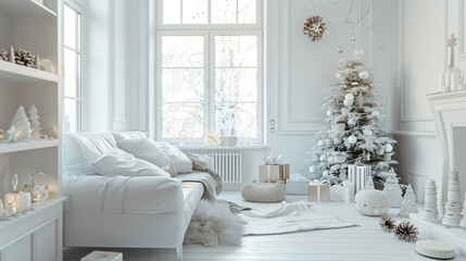 White Living Room With Christmas Tree