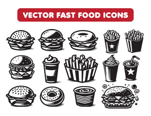 Fast food vector silhouette icon set. Fast food, burger, hamburger, cola, hot dog, ice cream, pizza, french fries. Tasty fast food unhealthy meal. Isolated on white background.