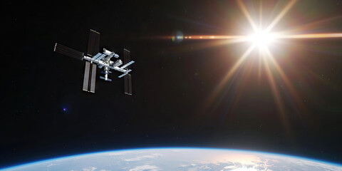 The International Space Station passes overhead, its bright white modules glinting in the sun