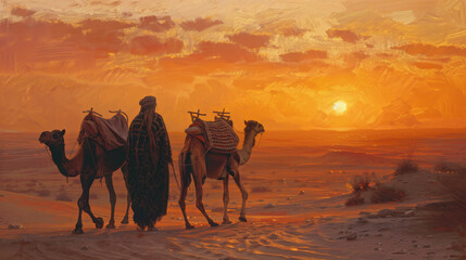 Fototapeta na wymiar A painting of a man and two camels walking across a desert at sunset