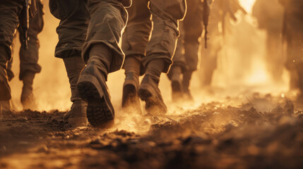 A group of soldiers are walking through a sandy area