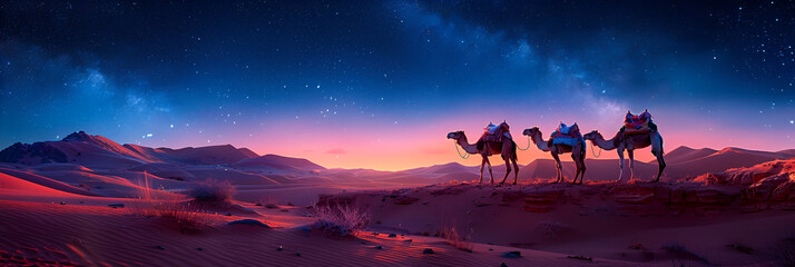 Camel at Night in Desert with Stars Ramadan,
A caravan of camels walks through the desert at night against the backdrop of the starry sky