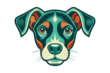 A drawing of a dog face with a colorful pattern of dots 