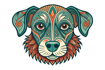 A drawing of a dog face with a colorful pattern of dots 