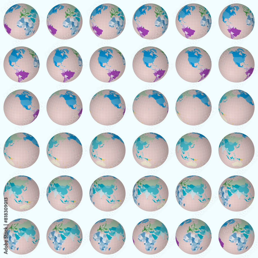 Poster collection of earth globes. slanted sphere view. rotation step 10 degrees. colored countries style. 