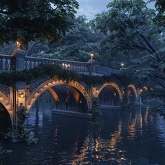 Tranquil Twilight A D Rendered Perspective of a Historic Bridges Softly Lit Arches and Reflective River