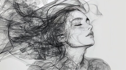 Abstract illustration of a woman's face with closed eyes, surrounded by swirling black lines. Digital art portrait in monochrome. Concept of introspection and meditation.