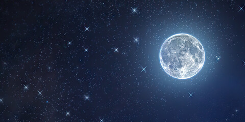 The stars twinkle brightly above as a full moon rises, illuminating the night with its ethereal glow