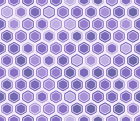 Abstract pattern of hexagon shapes. Bold rounded hexagons mosaic cells with padding and inner solid cells. Purple color tones. Hexagonal shapes. Tileable pattern. Seamless vector illustration.