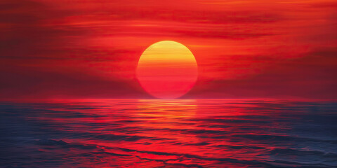 A vibrant red sun dips below the horizon, casting a warm hue across the sky. 