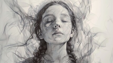Abstract illustration of a girl with braided hair and closed eyes, surrounded by swirling lines. Digital art portrait in monochrome. Concept of tranquility and serenity.