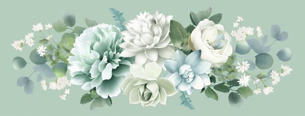 Verde sábio prateado, menta, azul, flores brancas vector design buquês de primavera. Peônia, rosa, dália, hortênsia, suculenta