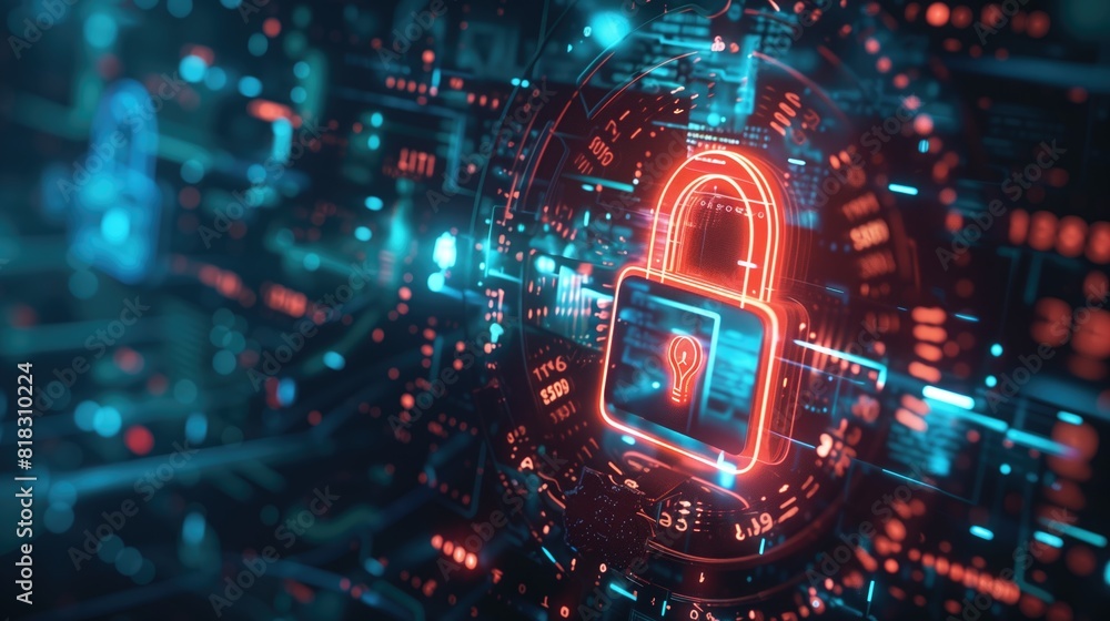 Poster cybersecurity concept. it features a glowing padlock symbol at the center, surrounded by concentric 
