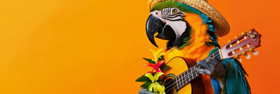 Parrot Playing Guitar in Hawaiian Outfit on Orange Background with Copy Space