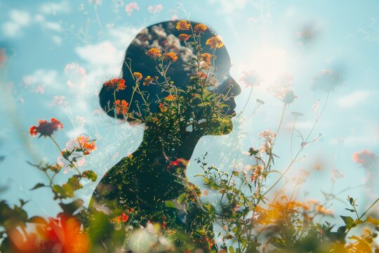 A gardener planting flowers in a backyard close up, focus on, copy space Fresh and vibrant Double exposure silhouette with flowers