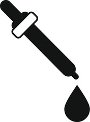 Simple black and white illustration of a dropper bottle with a single droplet