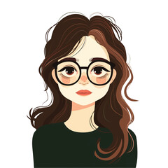 girl with brown hair wearing glasses . Clipart PNG image . Transparent background . Cartoon vector style