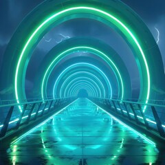 Ultramodern Bridges Futuristic Lighting Design Shines with Neon Green and Blue Hues at Night in Digital Art