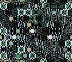 Geometric mesh background featuring hexagonal shapes in varied styles and colors. A seamless, tileable pattern with a vibrant vector illustration.