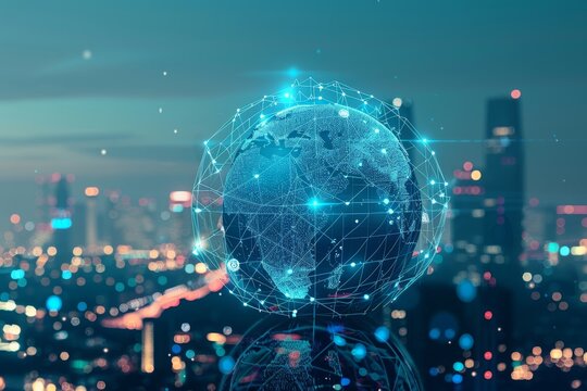 A digital globe with connecting dots and lines representing global connectivity, against the backdrop of a nighttime cityscape Generative AI