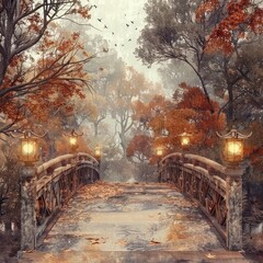 Rustic Bridge with Lanterns Glowing in Autumn Forest A Warming Watercolor Journey