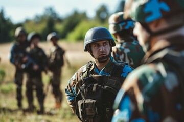 Close-up image of a determined soldier in camouflage attire and protective gear, attentively participating in a field briefing with a blurred group of colleagues in the background