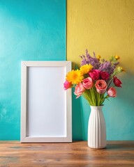 Blank frame with colorful flowers on wooden table