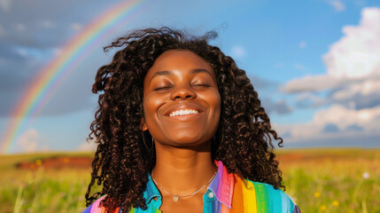 dark skinned woman in front of a peaceful landscape with a rainbow in background, woman wearing a rainbow colored shirt and seems to take a deep breath in
