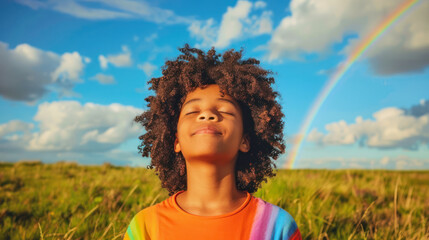 dark skinned boy in front of a peaceful landscape with a rainbow in background, boy wearing a rainbow colored shirt and seems to take a deep breath in