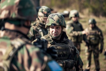 Obraz premium Close-up of a soldier with a serious expression, wearing camouflage and tactical gear, standing ready with his unit in the background during a military exercise