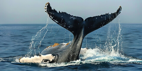A humpback whale breaches the surface of the ocean, its massive tail flukes creating a splash.