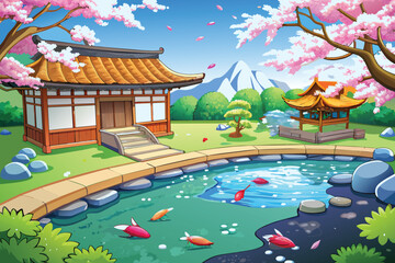 A serene scene of a tranquil koi pond in a secluded Japanese garden, with cherry blossom petals floating on the water surface VECTOR ILLUSTRATION. AI GENERATED