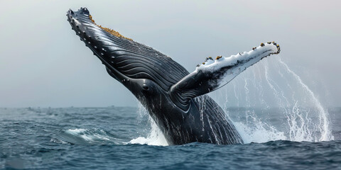 Majestic Humpback Whale Breaches Ocean Waves, Tail Fluke Splash Captured.