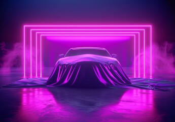 3D render of a car veiled in cloth, set against violet neon light on a dark background.