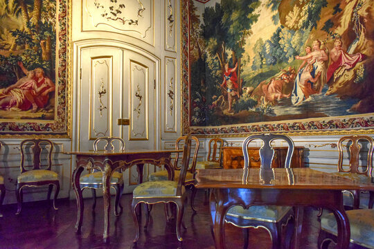 Bayreuth, Bavaria, Germany - May 9, 2024: Castle hall rococo interior in the Neues Schloss, a historical palace built in 18th century