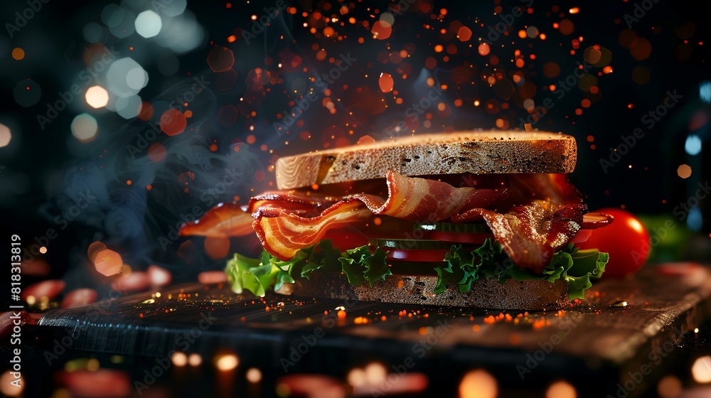 Wall mural Gourmet bacon sandwich on a dark background