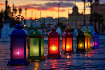 A series of lanterns in pride colors casting a warm glow on a city square at dusk