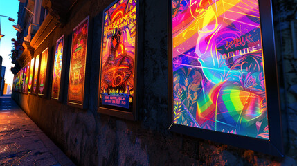 A series of pride festival posters displayed on a city wall, artistic and vibrant, capturing the essence of the event