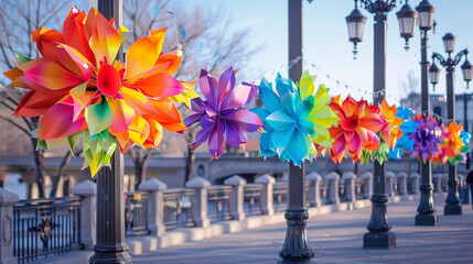 A series of rainbow-colored paper flowers adorning a city square's lampposts